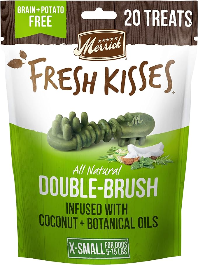Merrick Fresh Kisses Double Brush dog treats: infused with coconut and botanical oils for fresh breath and healthy teeth.