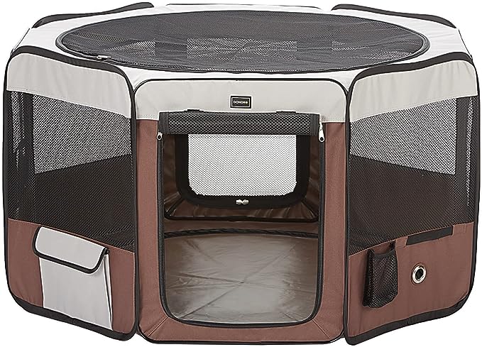 A cozy dog playpen with a brown and white cover, perfect for puppies to play and exercise in a safe and comfortable space.