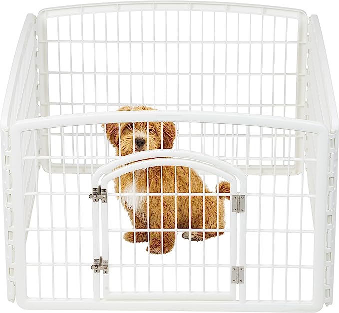 A cute mixed breed puppy sitting in a white dog pen, enjoying some playtime in its cozy enclosure.