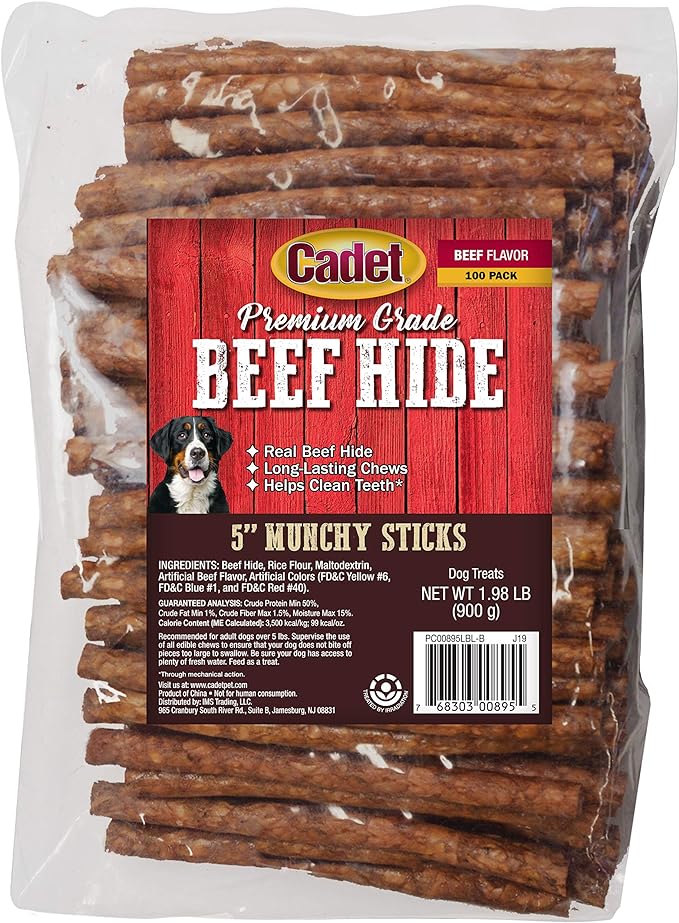 Indulge your pet with Cadet Premium Beef Hide Sticks - a satisfying chew for hours of enjoyment!