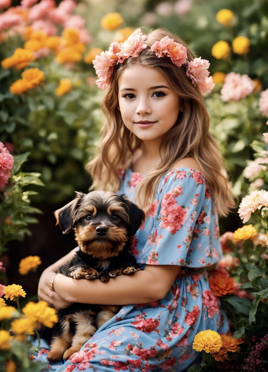 A young girl in a pretty floral dress holds a cute yorkie in a beautiful flower garden